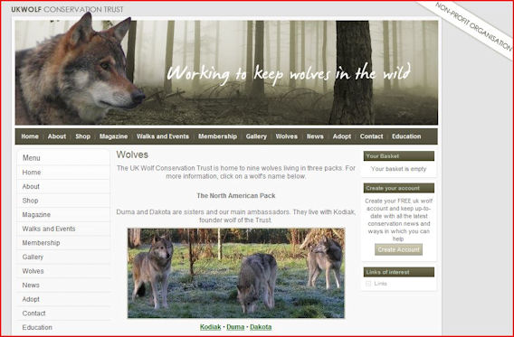 Picture of the web site of the U.K. Wolf conservation society